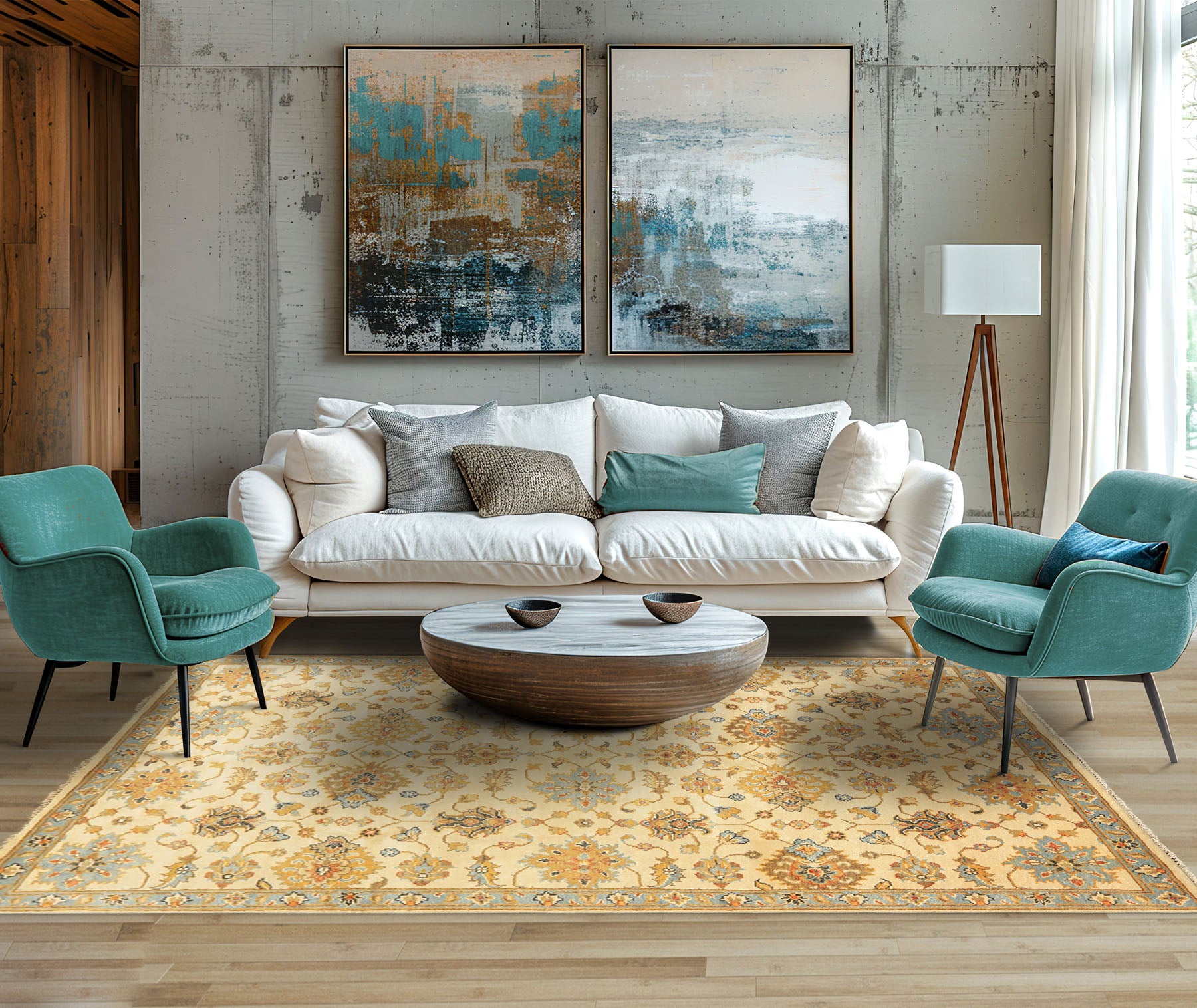 6x9 Beige, Aqua, Gold Color Hand Knotted Oushak Wool Traditional Oriental Rug