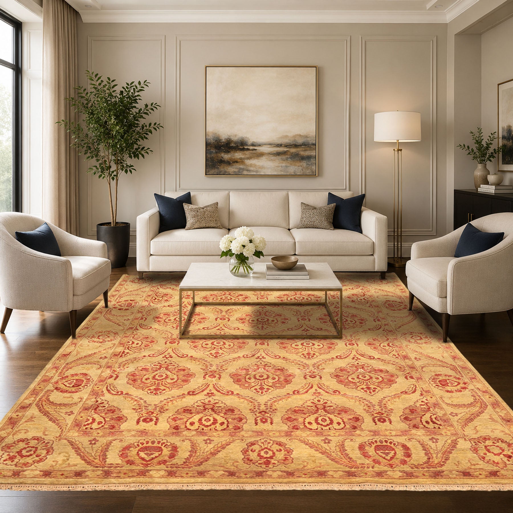 8x10 Gold, Rose, Rust Color Hand Knotted Oushak New Zealand Wool Transitional Oriental Rug