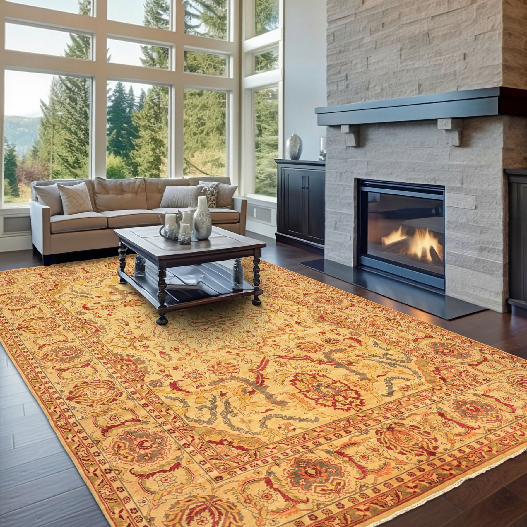 10x14 Beige, Lime, Peach Color Hand Knotted Oushak Wool Traditional Oriental Rug