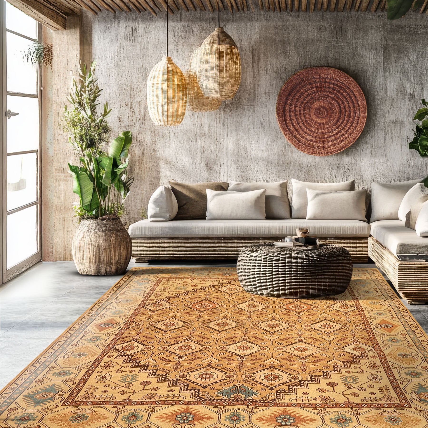 8x10 Caramel, Beige, Brown Color Hand Knotted Oushak Wool Transitional Oriental Rug