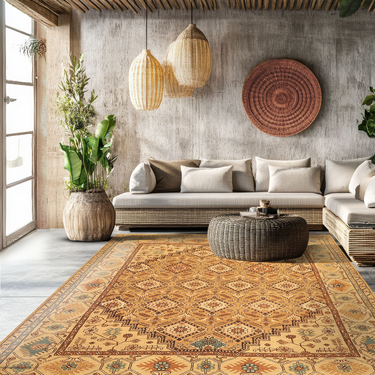 8x10 Caramel, Beige, Brown Color Hand Knotted Oushak Wool Transitional Oriental Rug