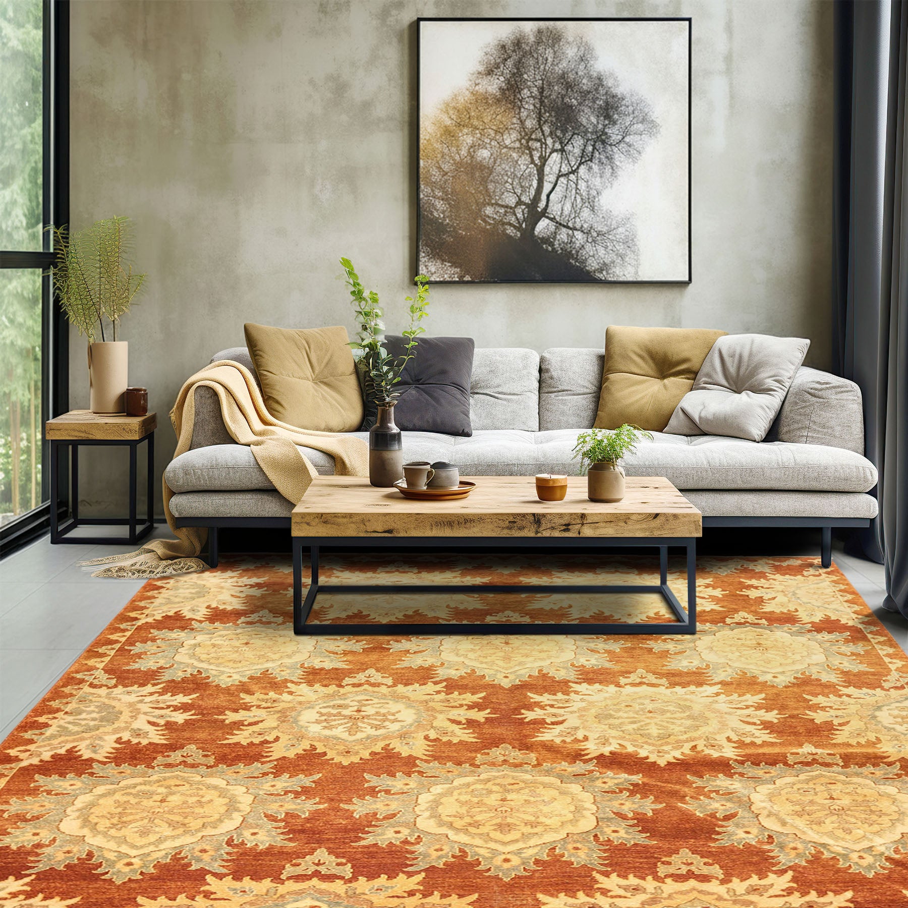 8x10 Caramel, Beige, Celadon Color Hand Knotted Oushak Wool Transitional Oriental Rug