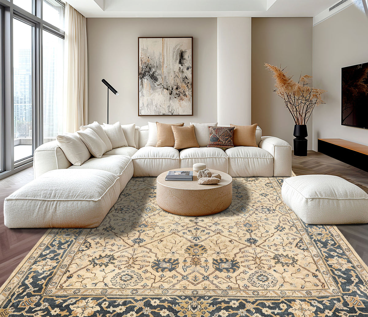 8x10 Beige, Slate, Gray Color Hand Knotted Oushak Wool Transitional Oriental Rug