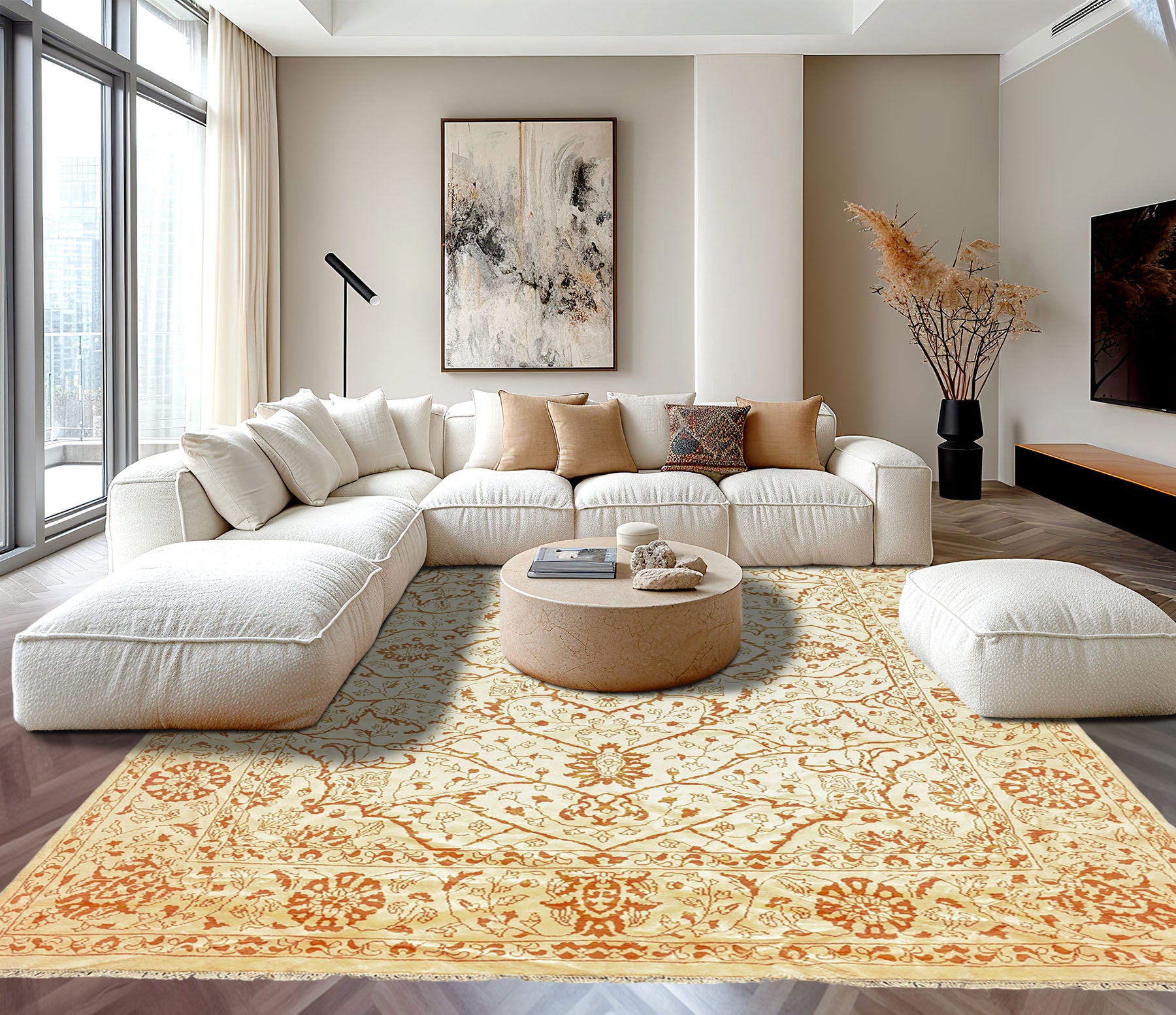8x11 Ivory, Orange, Color Hand Knotted Pak Persian Wool Transitional Oriental Rug
