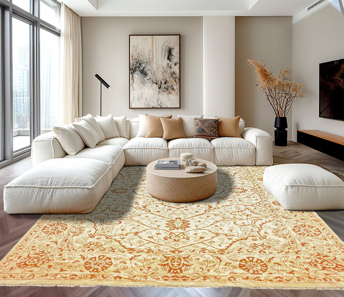 8x11 Ivory, Orange, Color Hand Knotted Pak Persian Wool Transitional Oriental Rug