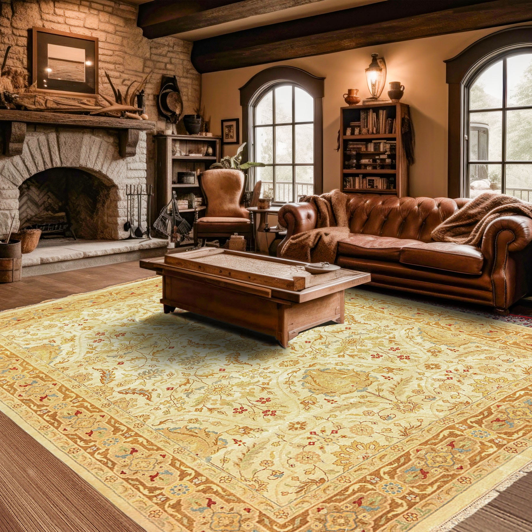 9x12 Warm Beige, Gold, Turquoise Color Hand Knotted Agra Wool Traditional Oriental Rug