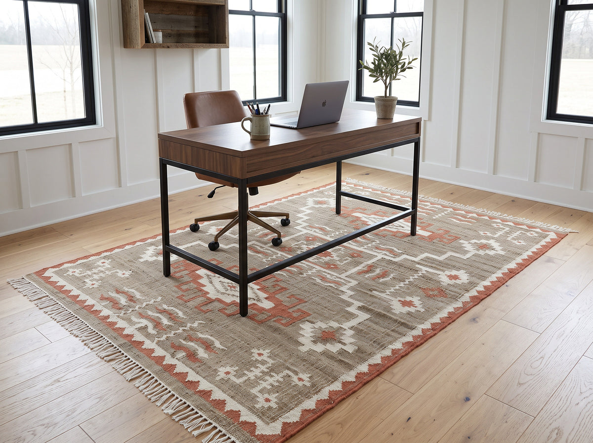 Multi Size Tan Orange Ivory Color Hand Woven Kilim Jute Southwestern Oriental Rug