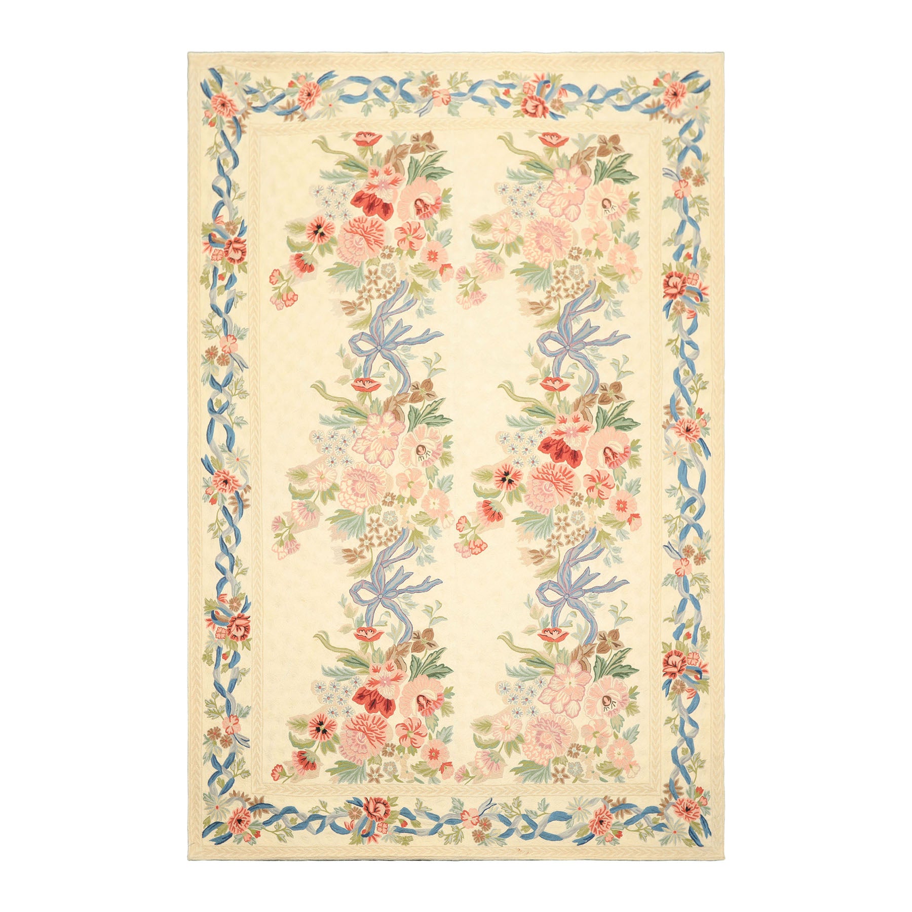 6x9 Ivory, Rose, Blue Color Hand Woven Chainstitch Wool Traditional Oriental Rug