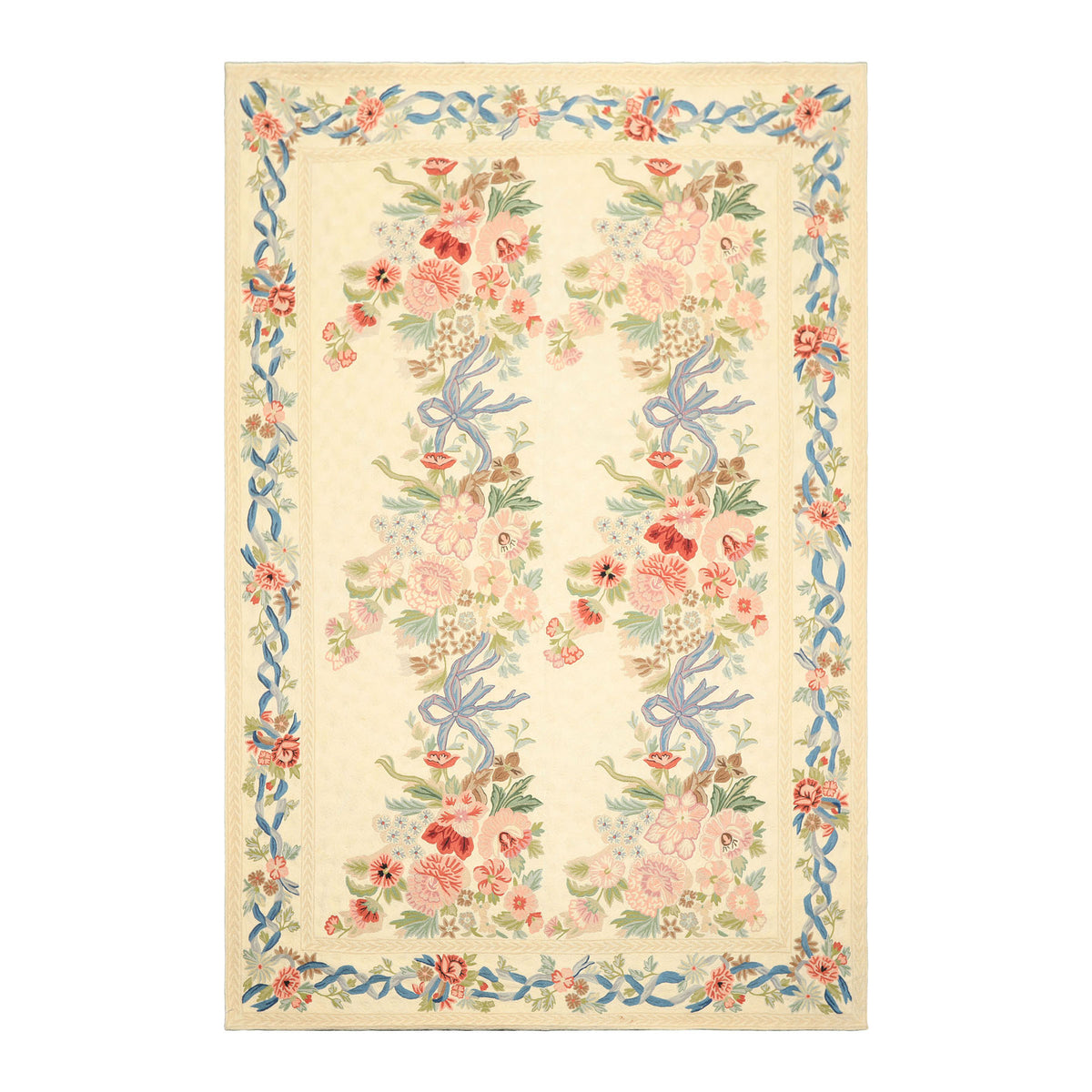 6x9 Ivory, Rose, Blue Color Hand Woven Chainstitch Wool Traditional Oriental Rug