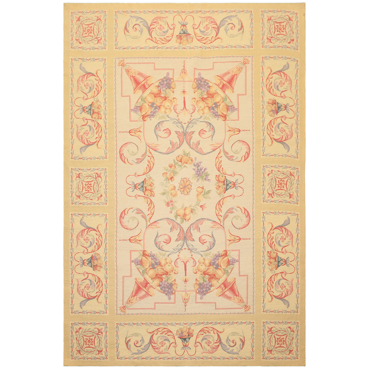 6x8 Beige, Rose, Lavender Color Hand Knotted French Aubusson Needlepoint Wool Traditional Oriental Rug