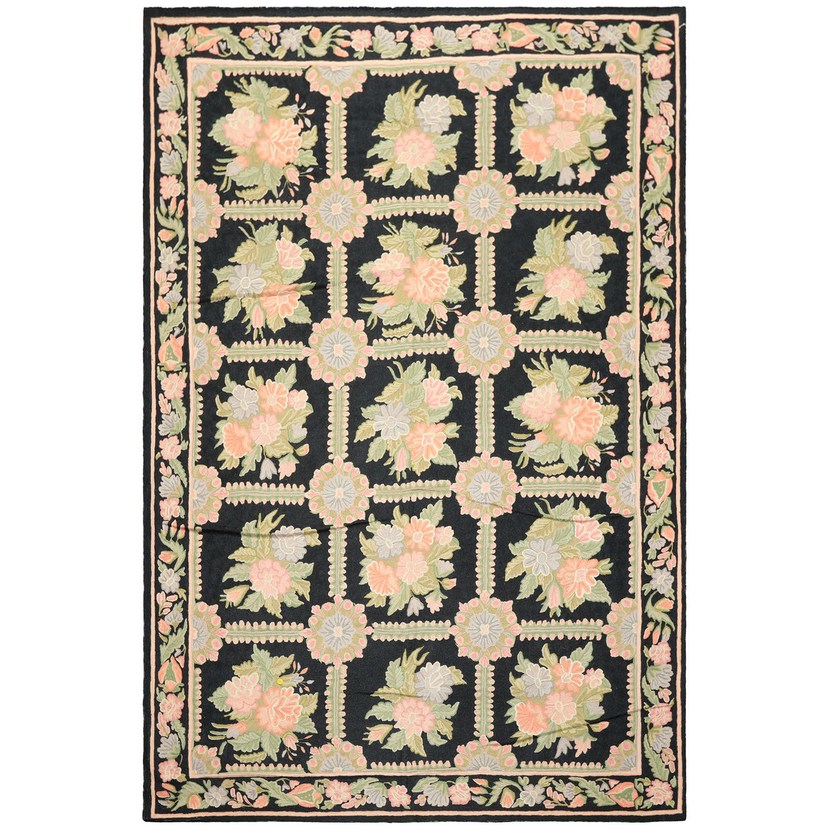 6x9 Charcoal, Green, Rose Color Hand Woven Chainstitch Wool Traditional Oriental Rug