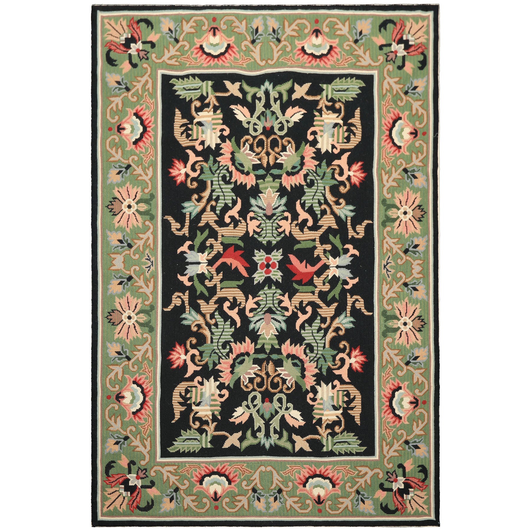 6x9 Black, Mint, Blush Color Hand Woven Portugese Needlepoint Wool Traditional Oriental Rug