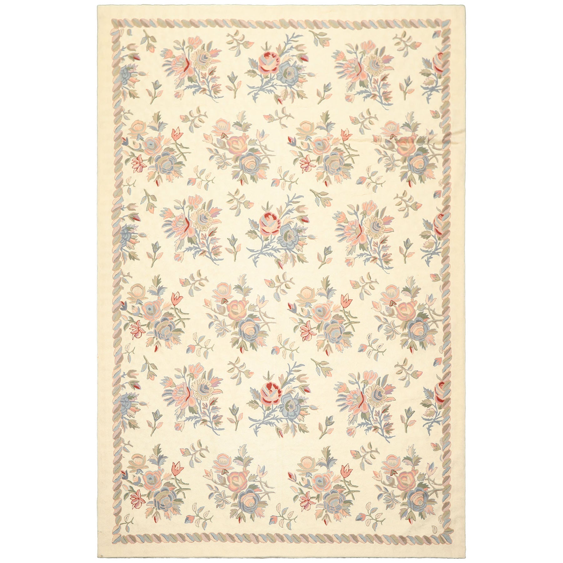 6x9 Ivory, Rose, Blue Color Hand Woven Chainstitch Wool Traditional Oriental Rug