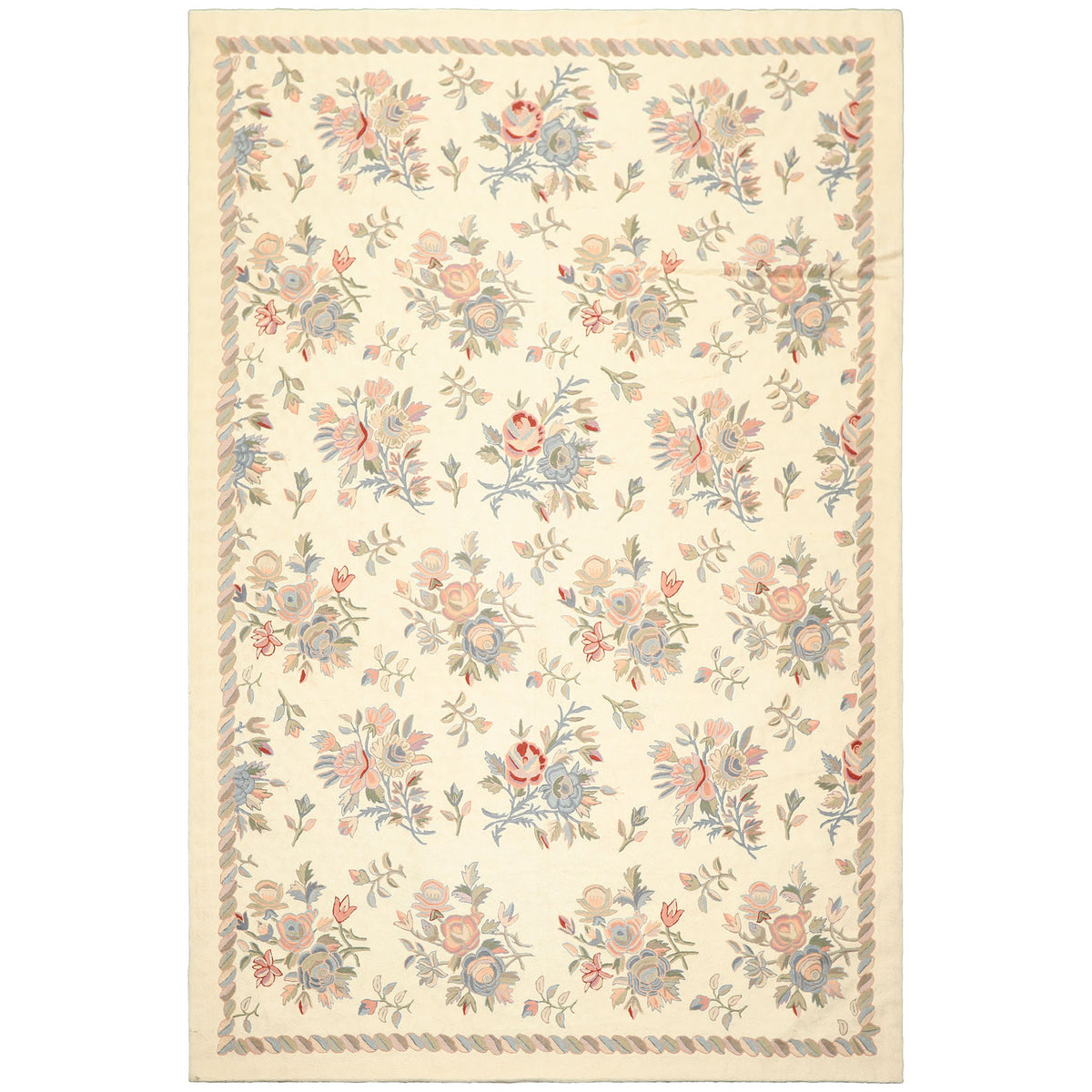 6x9 Ivory, Rose, Blue Color Hand Woven Chainstitch Wool Traditional Oriental Rug