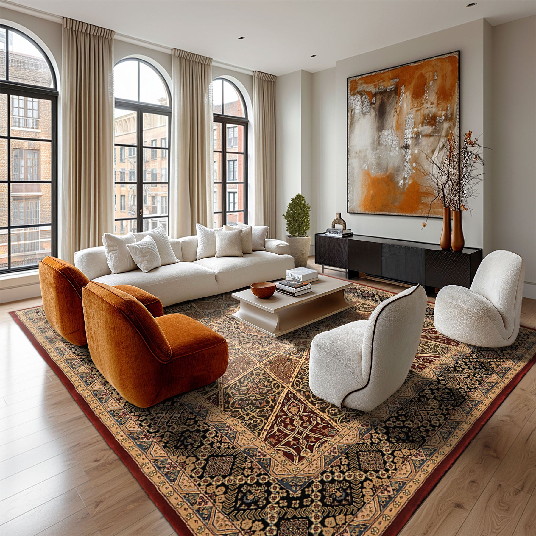 8x10 Ivory, Brown, Black Color Hand Tufted  Wool & Pure Silk Traditional Oriental Rug
