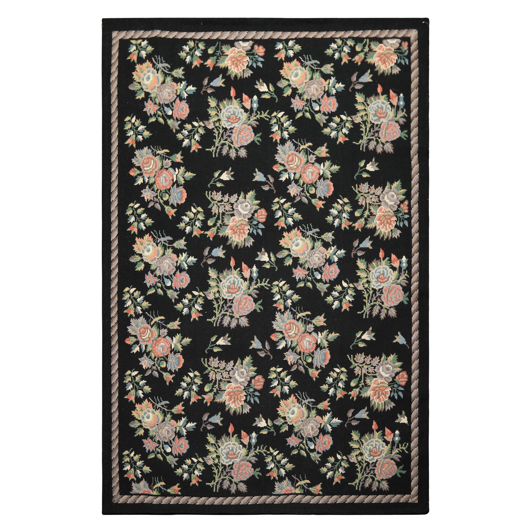 6x9 Charcoal, Mint, Rose Color Hand Woven Portugese Needlepoint Wool Traditional Oriental Rug