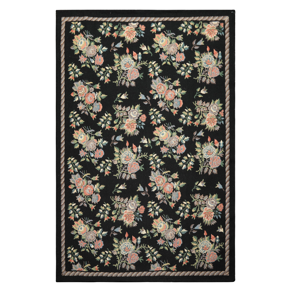 6x9 Charcoal, Mint, Rose Color Hand Woven Portugese Needlepoint Wool Traditional Oriental Rug
