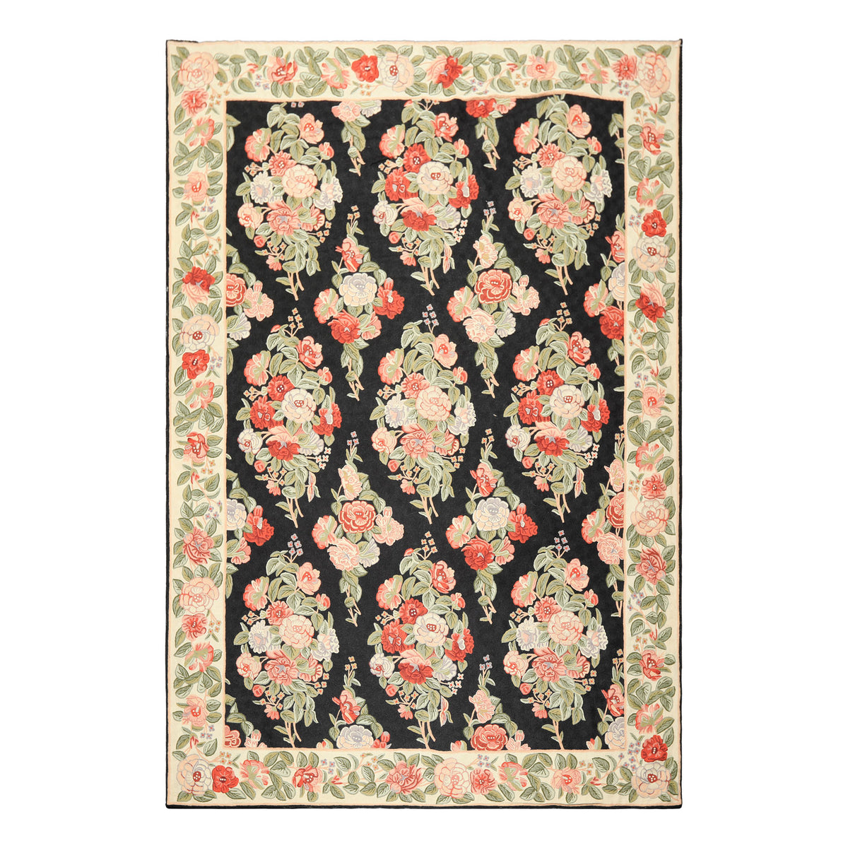 6x9 Charcoal, Sage, Ivory Color Hand Woven Chainstitch Needlepoint Wool Traditional Oriental Rug