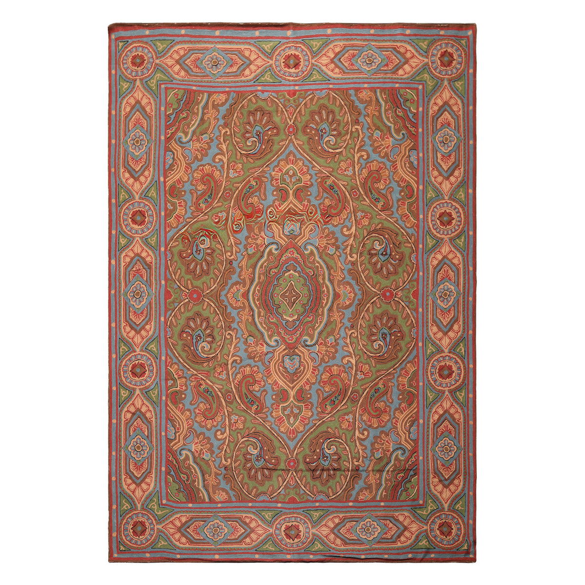 6x9 Green, Aqua, Bown Color Hand Woven Chainstitch Needlepoint Wool Traditional Oriental Rug