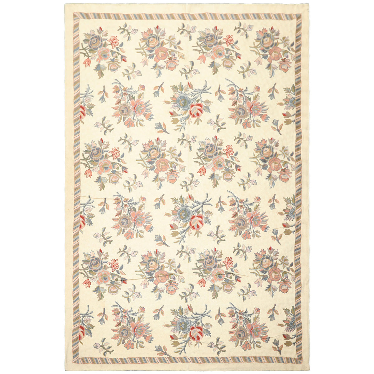 6x9 Ivory, Blue, Rose Color Hand Woven Chainstitch Needlepoint Wool Traditional Oriental Rug