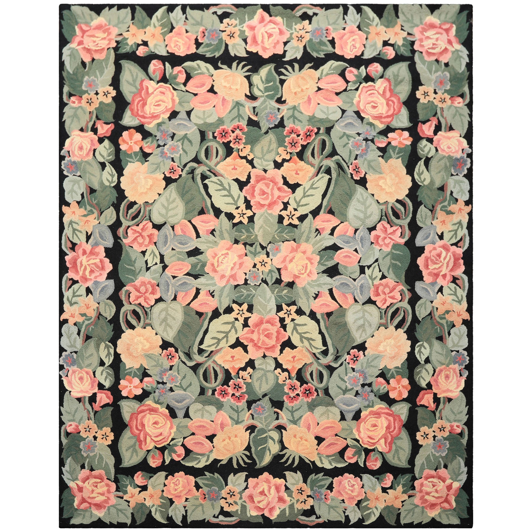 8x10 Charcoal, Celadon, Pink Color Hand Hooked  Wool Traditional Oriental Rug