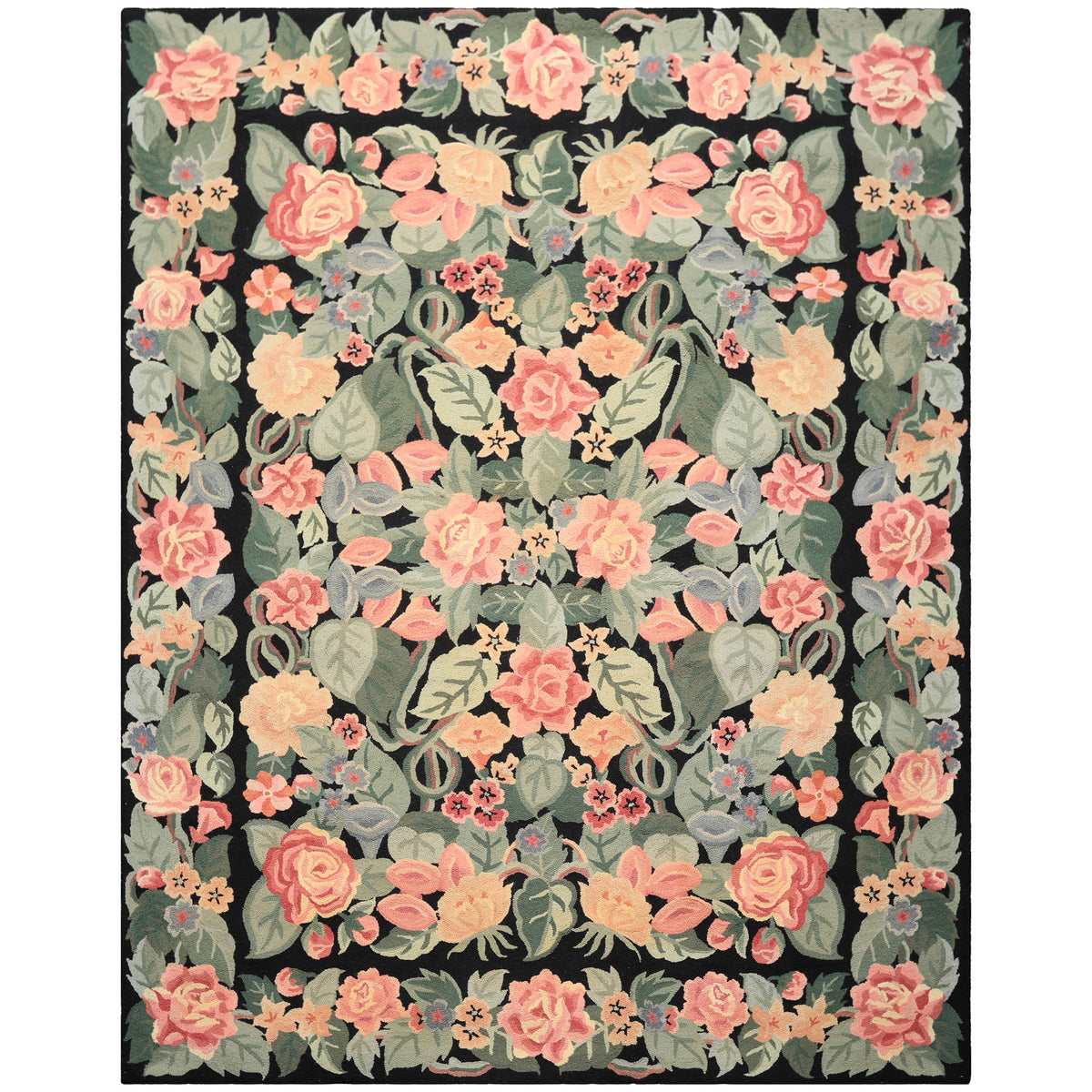 8x10 Charcoal, Celadon, Pink Color Hand Hooked  Wool Traditional Oriental Rug