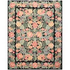 8x10 Charcoal, Celadon, Pink Color Hand Hooked  Wool Traditional Oriental Rug