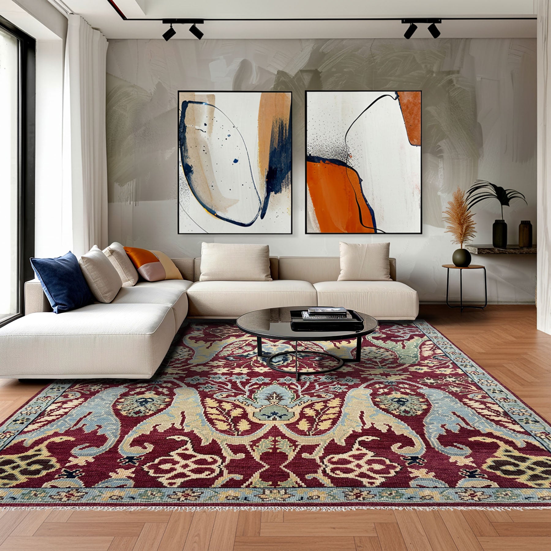 9x12 Wine, Mint, Blue Color Hand Knotted Oushak Wool  Oriental Rug
