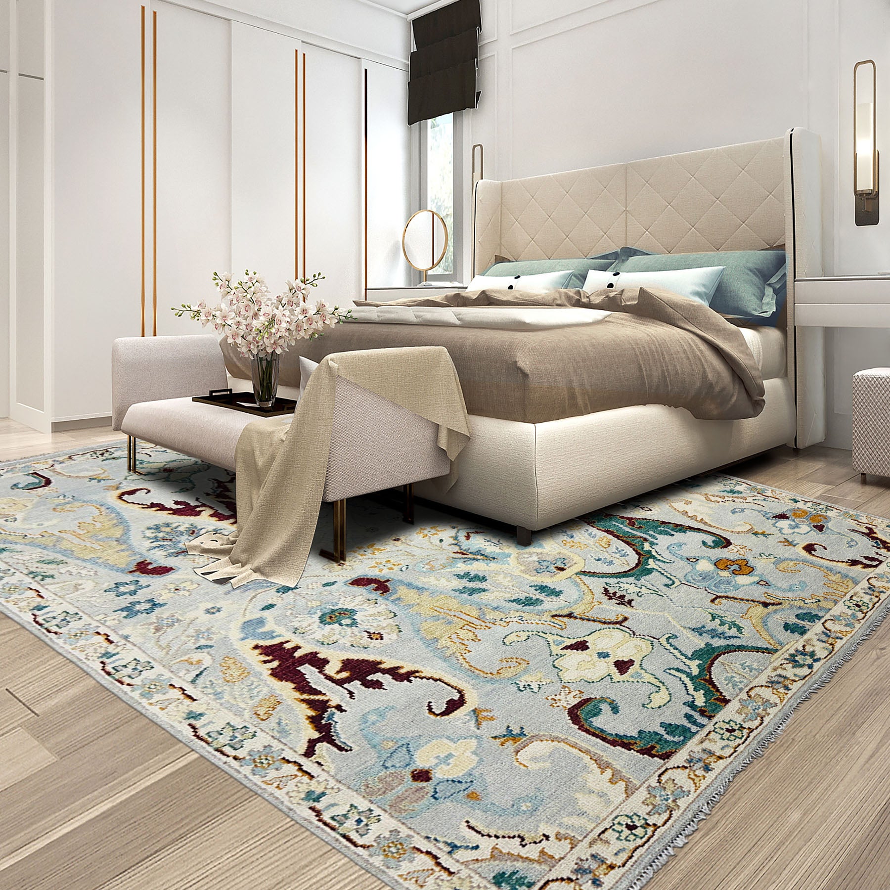 Multi Size Mint Gray Ivory Color Hand Knotted Oushak Wool  Oriental Rug