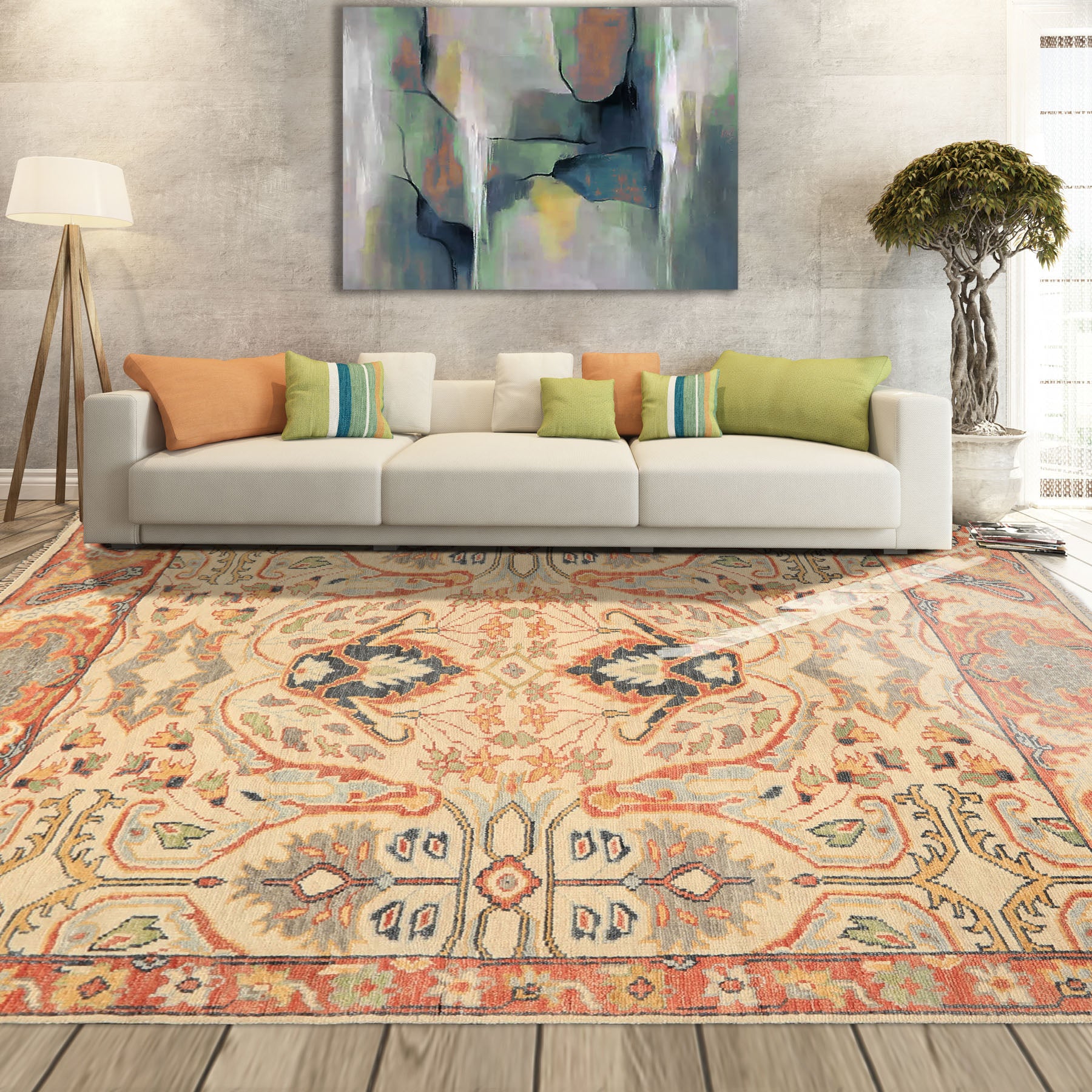8x10 Beige, Rust, Sage Color Hand Knotted Oushak 100% Wool  Oriental Rug