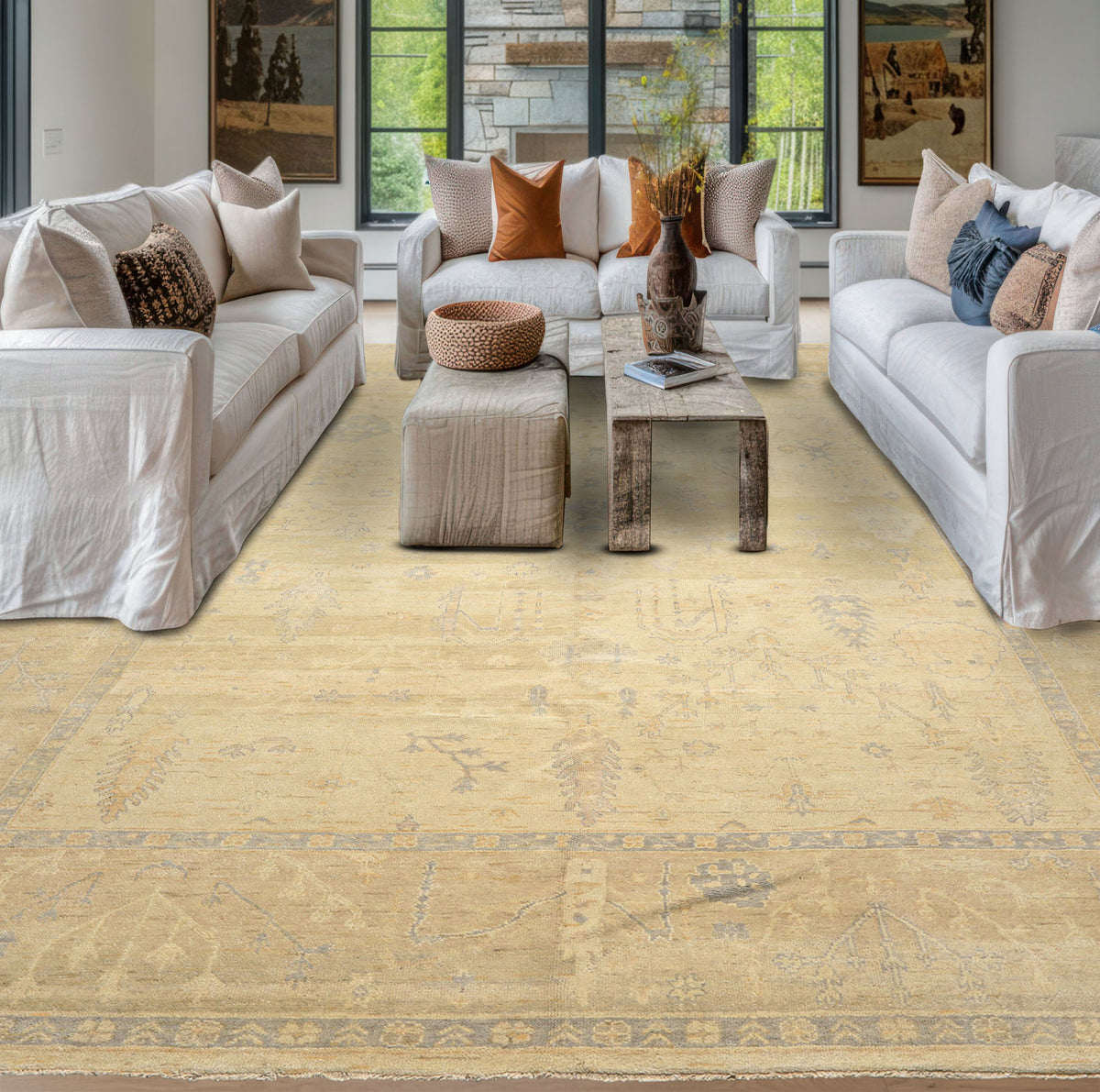 9x12 Ivory, Beige, Taupe Color Hand Knotted Oushak Wool Traditional Oriental Rug