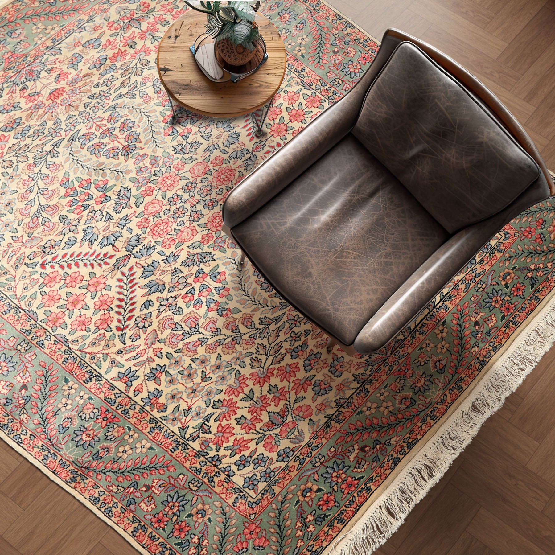 4x6 Ivory, Aqua, Navy Color Hand Knotted Kerman New Zealand Wool Traditional Oriental Rug