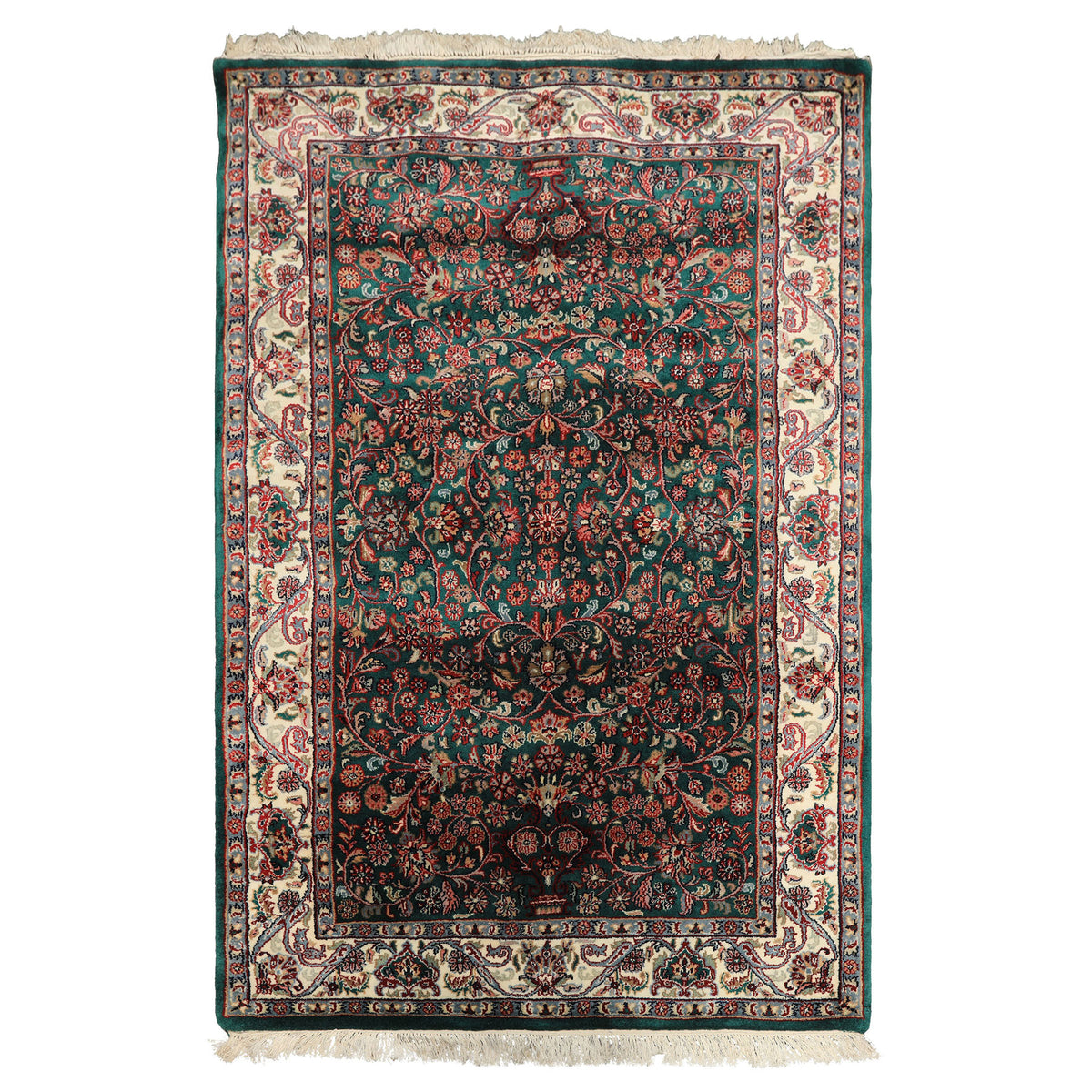 4x6 Emerald, Ivory, Red Color Hand Knotted Kashan Wool Traditional Oriental Rug