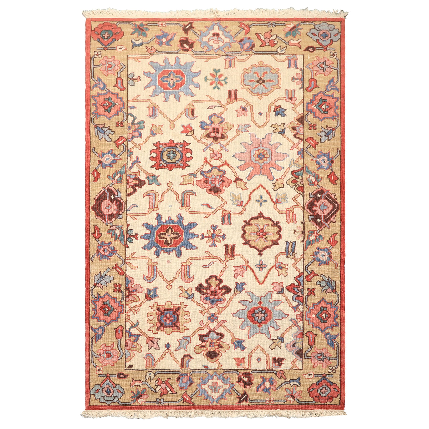 4x6 Ivory, Tan, Rust Color Hand Knotted Soumak Wool Traditional Oriental Rug