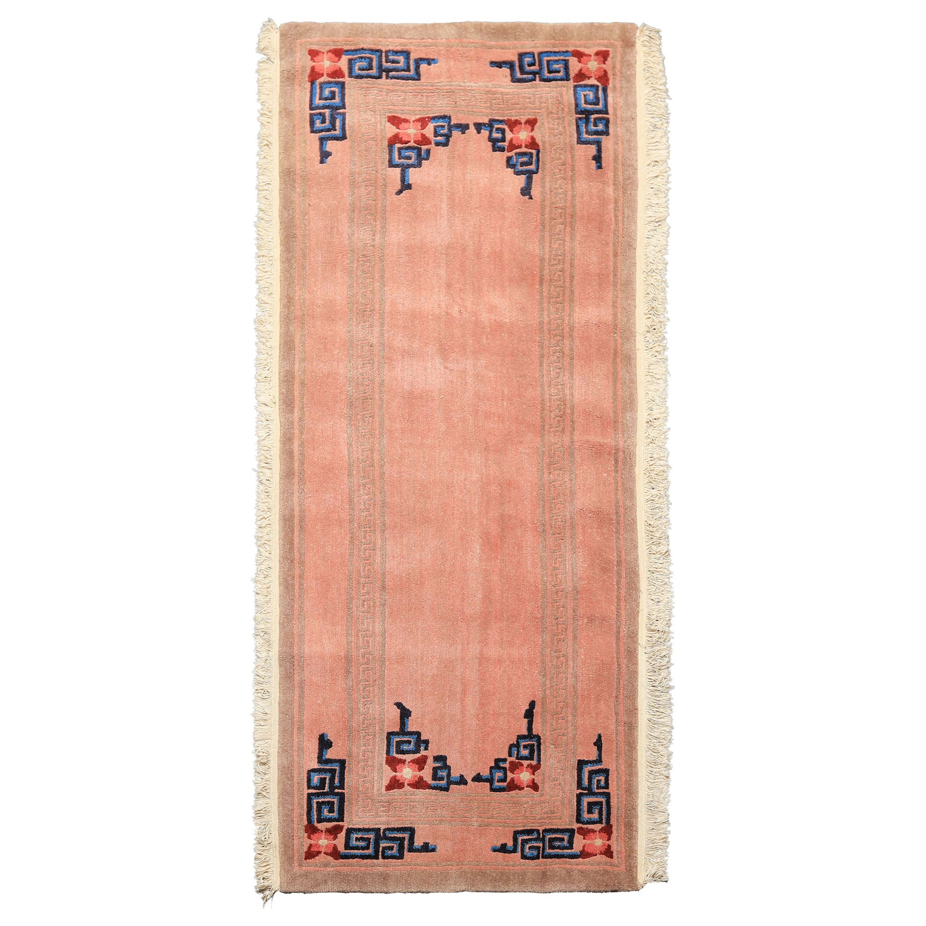 Runner Blush, Brown, Navy Color Hand Knotted Tibetan Wool Transitional Oriental Rug