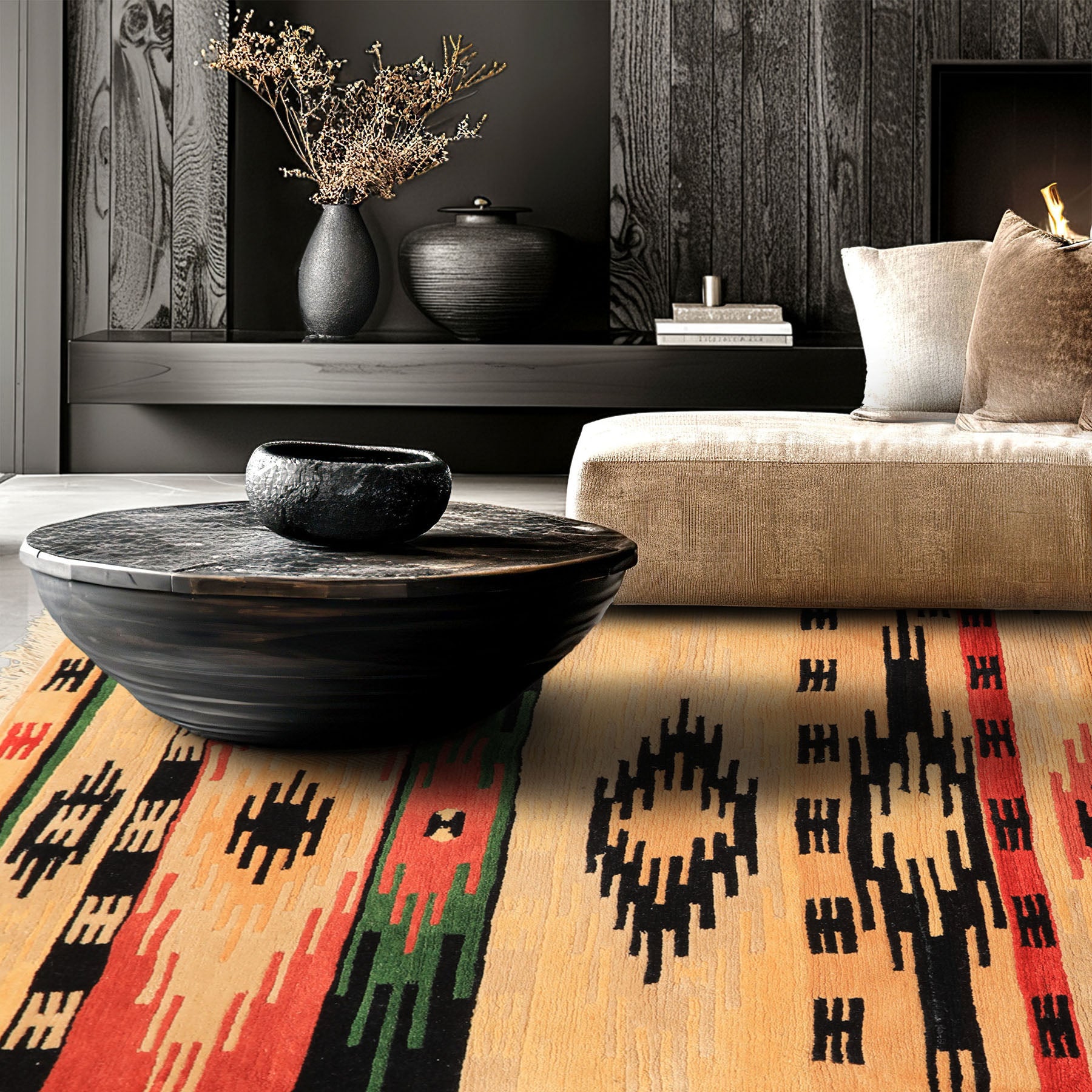 4x6 Beige, Faded Peach, Black Color Hand Knotted Tibetan Wool  Oriental Rug