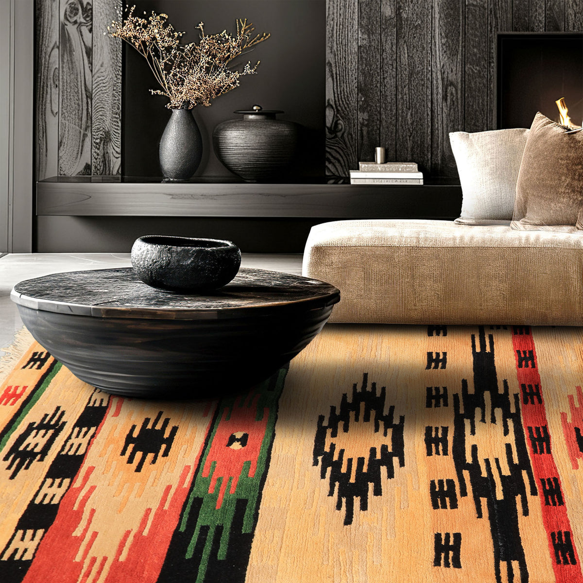 4x6 Beige, Faded Peach, Black Color Hand Knotted Tibetan Wool  Oriental Rug