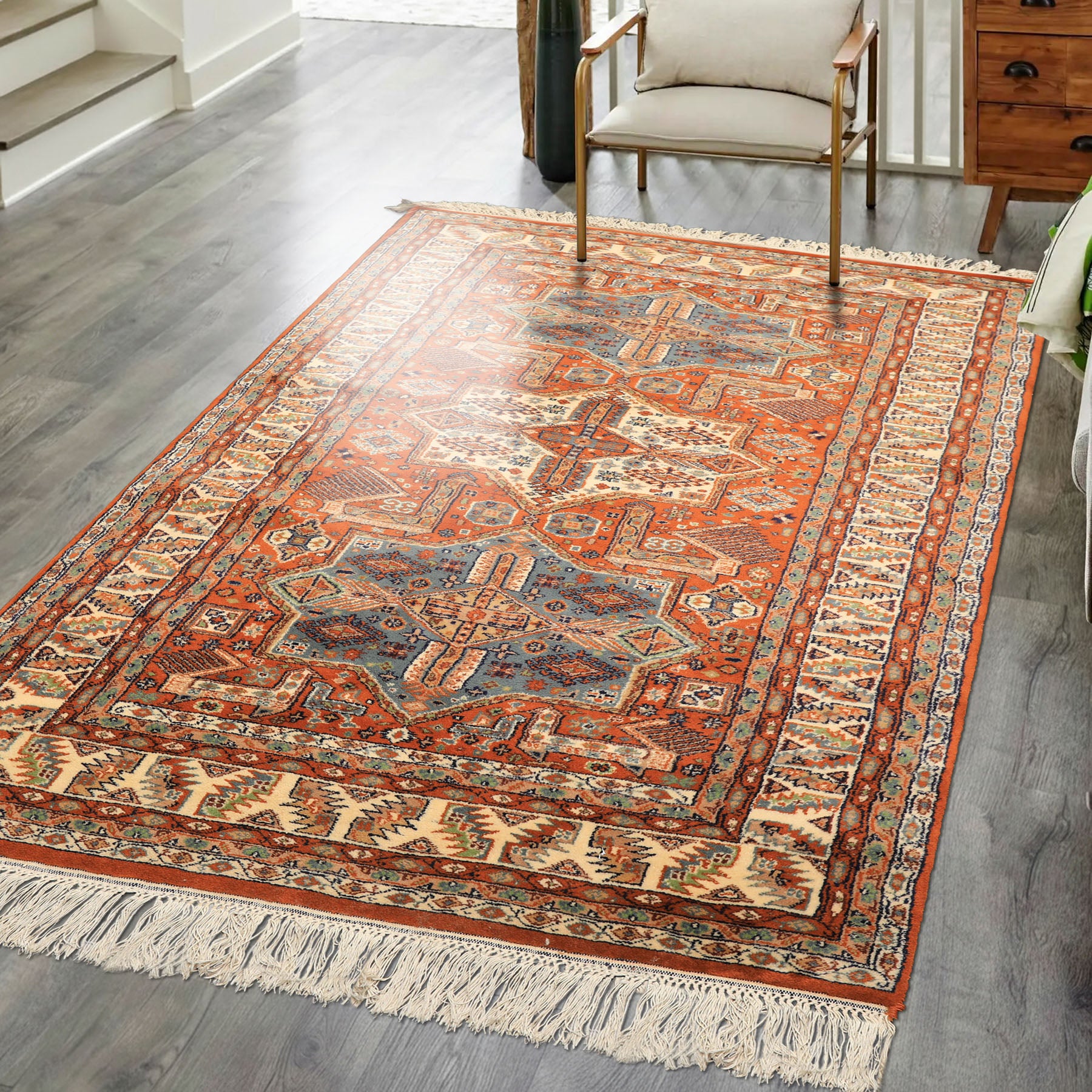4x6 Burnt Orange, Ivory, Blue Color Hand Knotted Kazak Wool  Oriental Rug