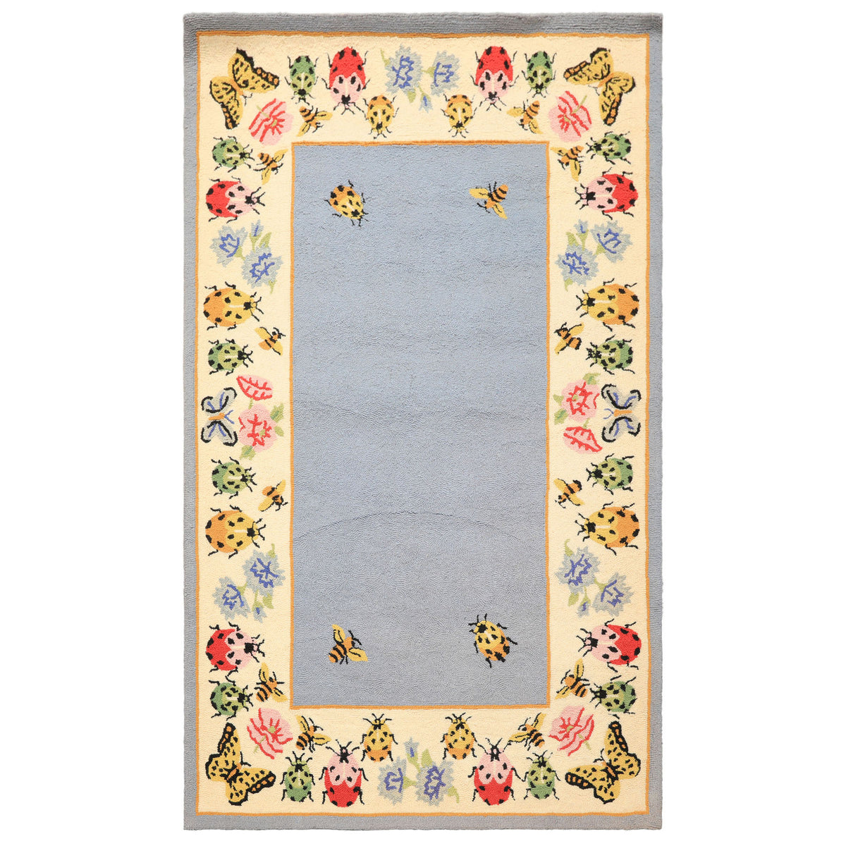4x6 Blue, Ivory, Pink Color Hand Hooked  Wool Transitional Oriental Rug