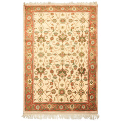 4x6 Ivory, Rust, Green Color Hand Knotted Indo Kashan Wool Traditional Oriental Rug