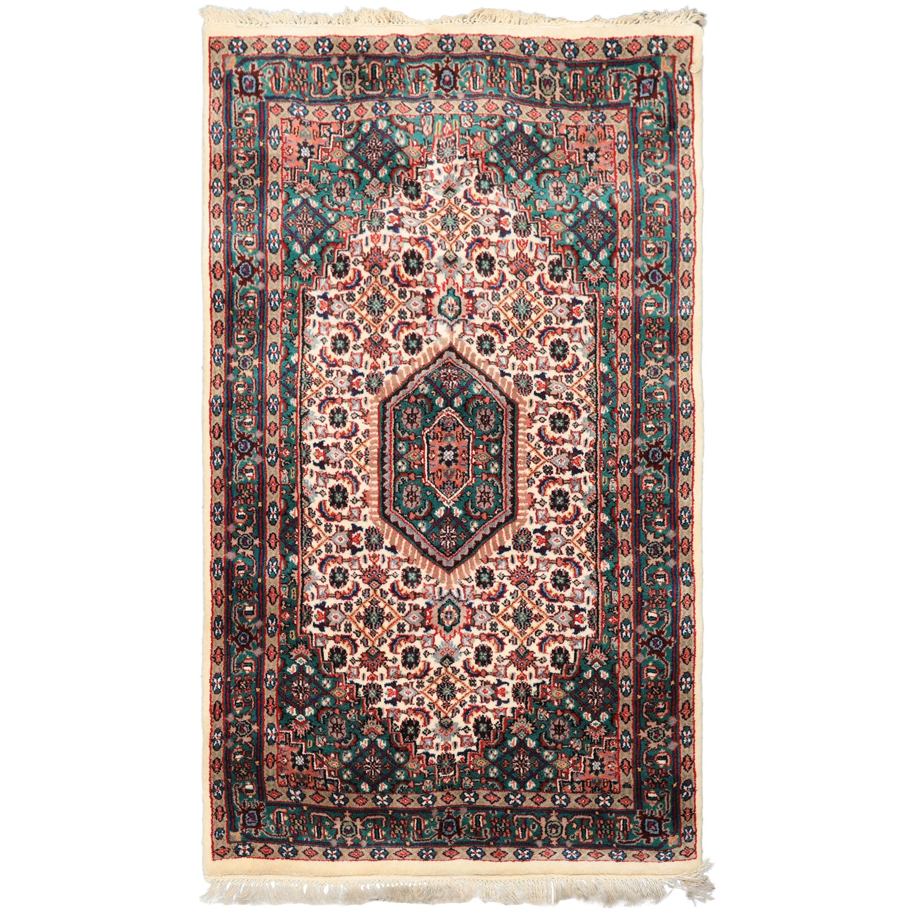 3x5 Ivory, Turquoise, Red Color Hand Knotted Indo Bidjar Wool Traditional Oriental Rug