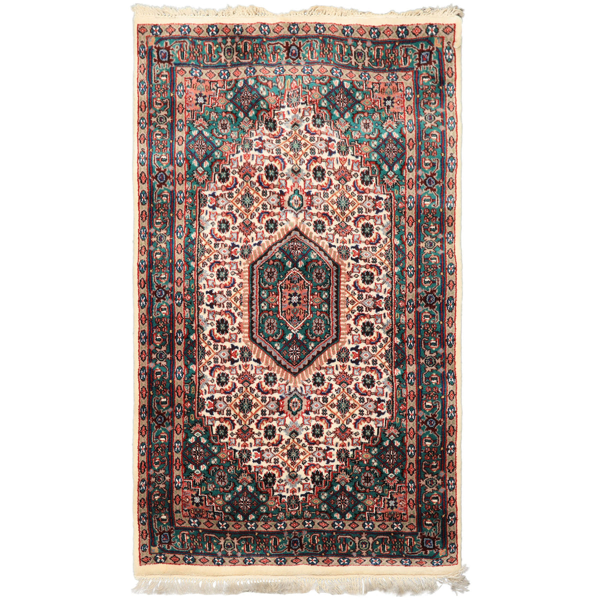 3x5 Ivory, Turquoise, Red Color Hand Knotted Indo Bidjar Wool Traditional Oriental Rug