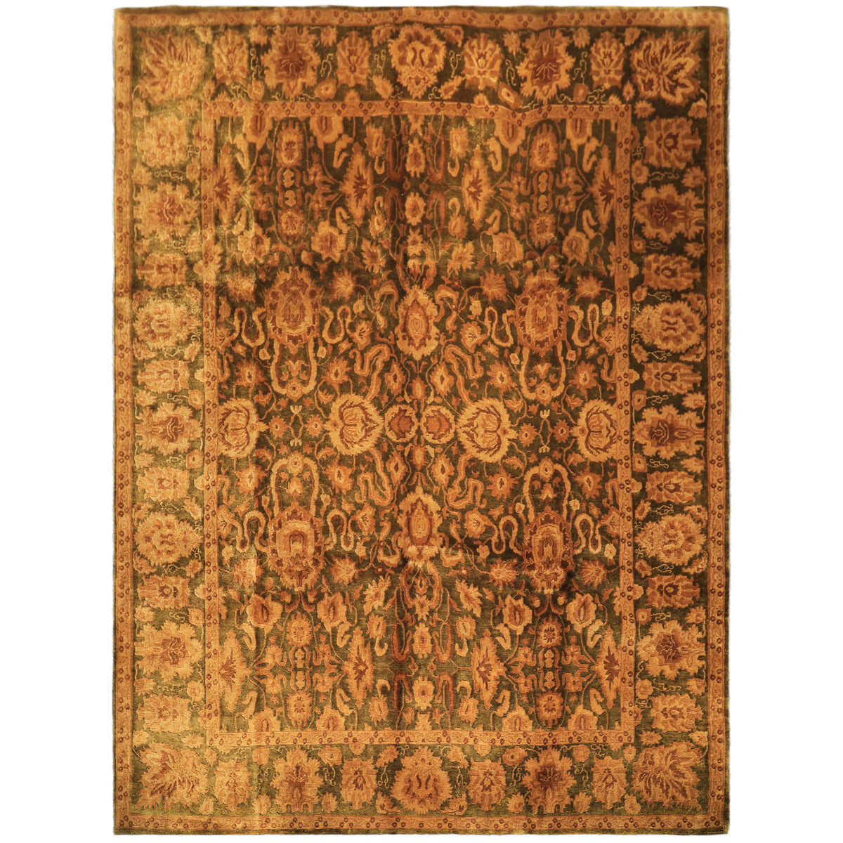 9x12 Green, Gold, Tan Color Hand Knotted Agra Wool Traditional Oriental Rug