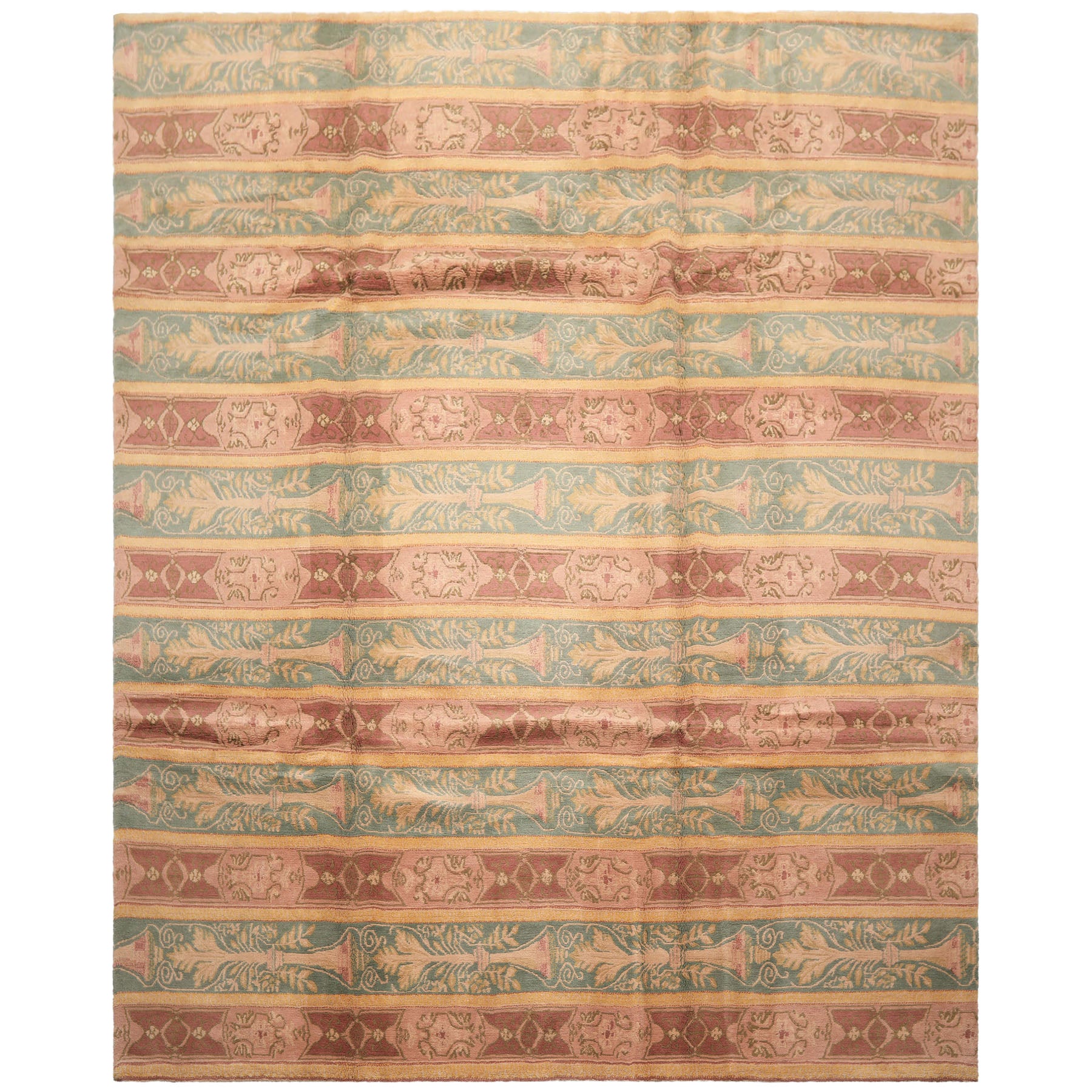 8x10 Blush, Aqua, Gold Color Hand Knotted Tibetan Wool Transitional Oriental Rug