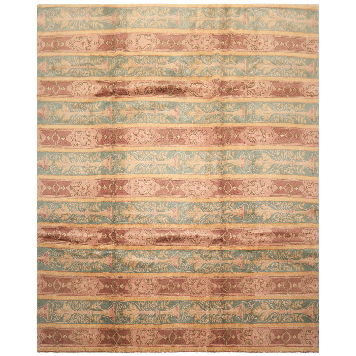 8x10 Blush, Aqua, Gold Color Hand Knotted Tibetan Wool Transitional Oriental Rug