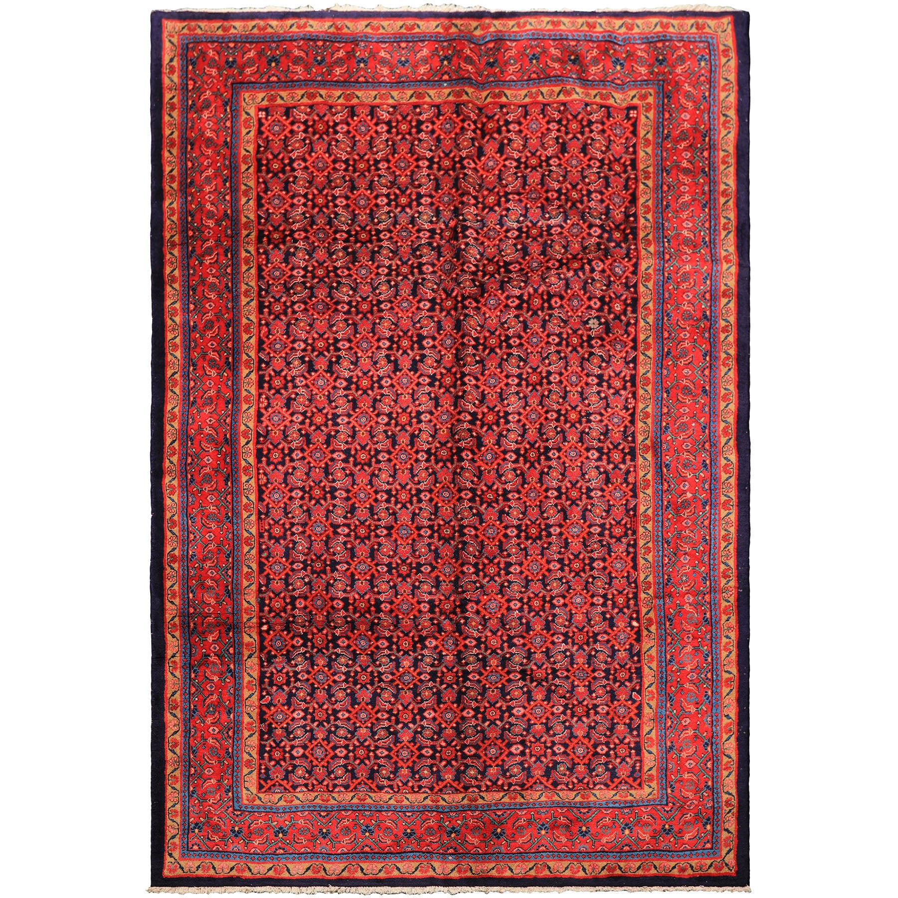7x10 Navy, Coral, Aqua Color Hand Knotted Mahal Sarouk Wool Traditional Oriental Rug