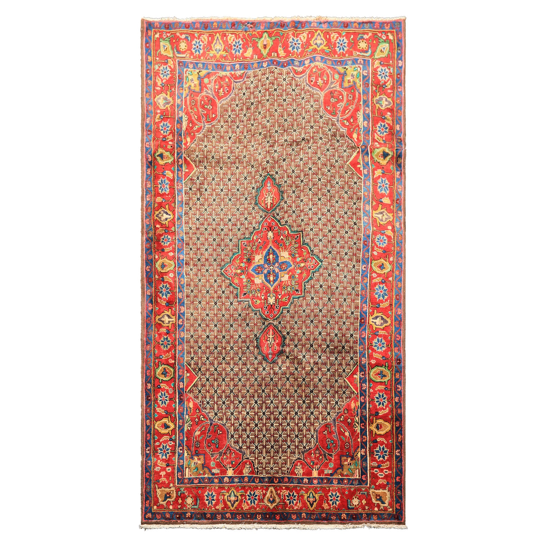 Runner Brown, Coral, Turquoise Color Hand Knotted Hamadan Wool  Oriental Rug