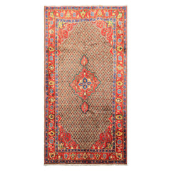 Runner Brown, Coral, Turquoise Color Hand Knotted Hamadan Wool  Oriental Rug