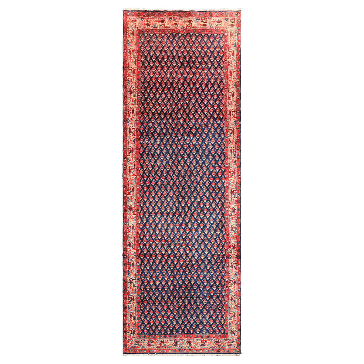 Runner Navy, Ivory, Red Color Hand Knotted Boteh Wool Traditional Oriental Rug