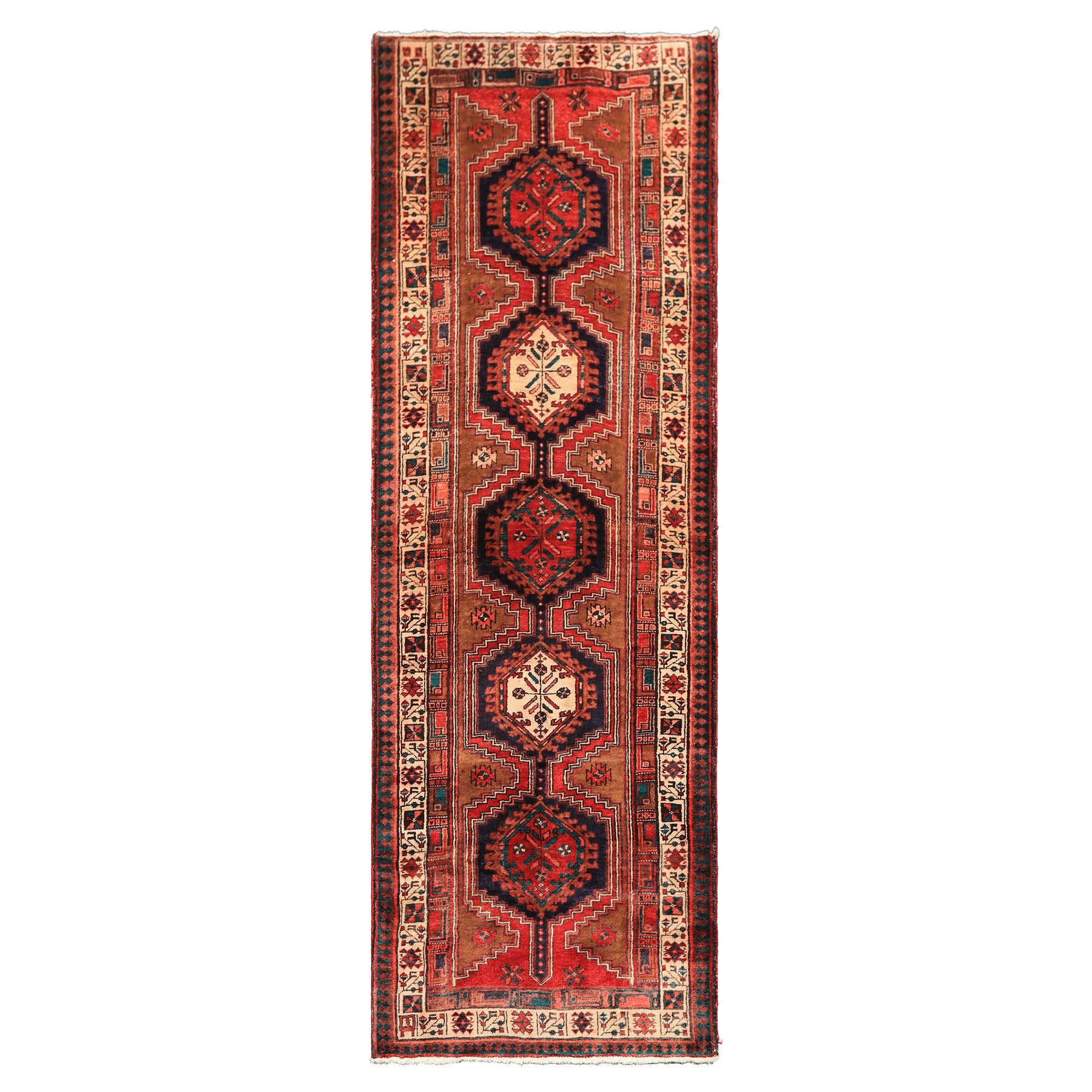 Runner Navy, Brown, Ivory Color Hand Knotted Hamadan Wool Traditional Oriental Rug